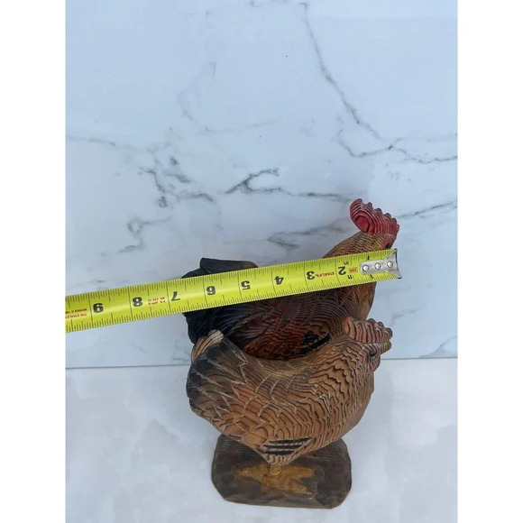 Decoration Antique Two Wooden Carved Rooster Brown Sz 10"x7" - Picture 3 of 11